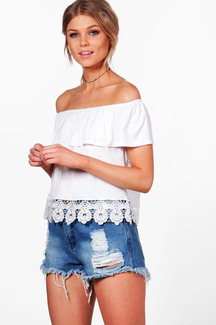 Boohoo Petite Lorna Off The Shoulder Crochet Top White