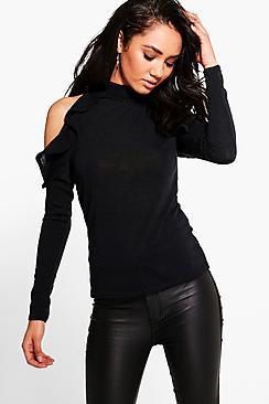 Boohoo Petite May Cold Shoulder Ruffle High Neck Top