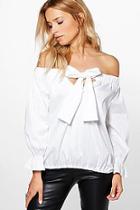 Boohoo Scarlett Bardot Bow Front Woven Top