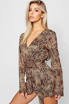 Boohoo Satin Snakeskin Wrap Tortoise Shell Buckle Frill Playsuit