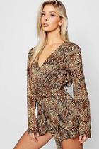 Boohoo Satin Snakeskin Wrap Tortoise Shell Buckle Frill Playsuit