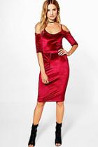 Boohoo Hollie Velvet Cold Shoulder Tie Waist Midi Dress