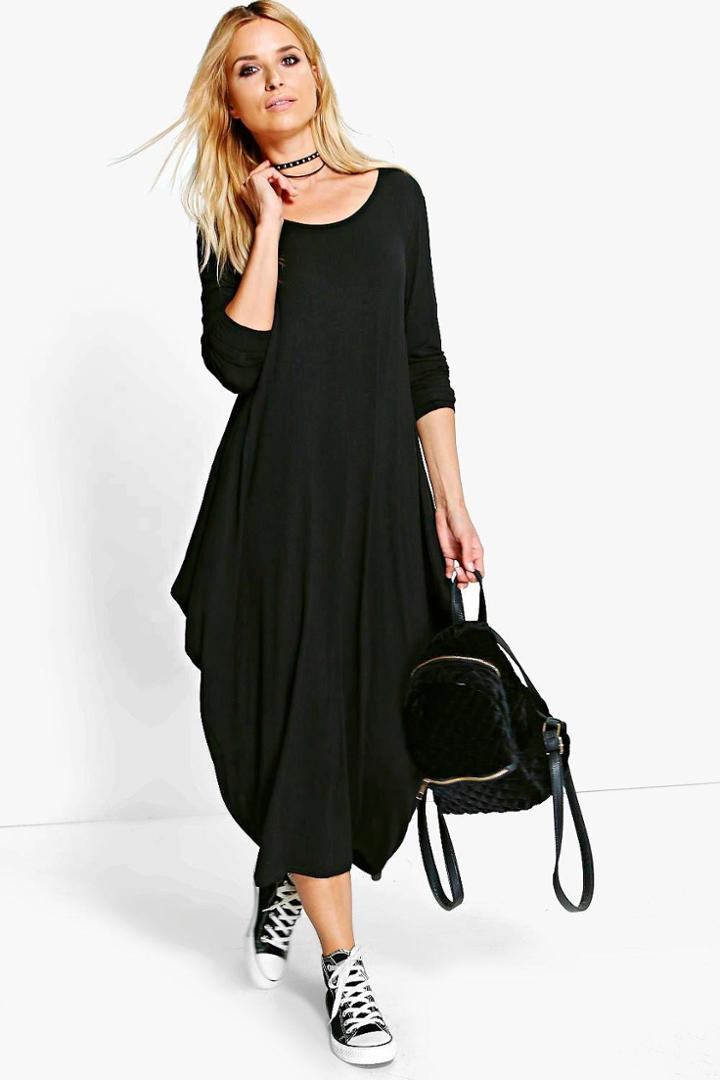 Boohoo Branwen Long Sleeved Drape Midi Dress Black