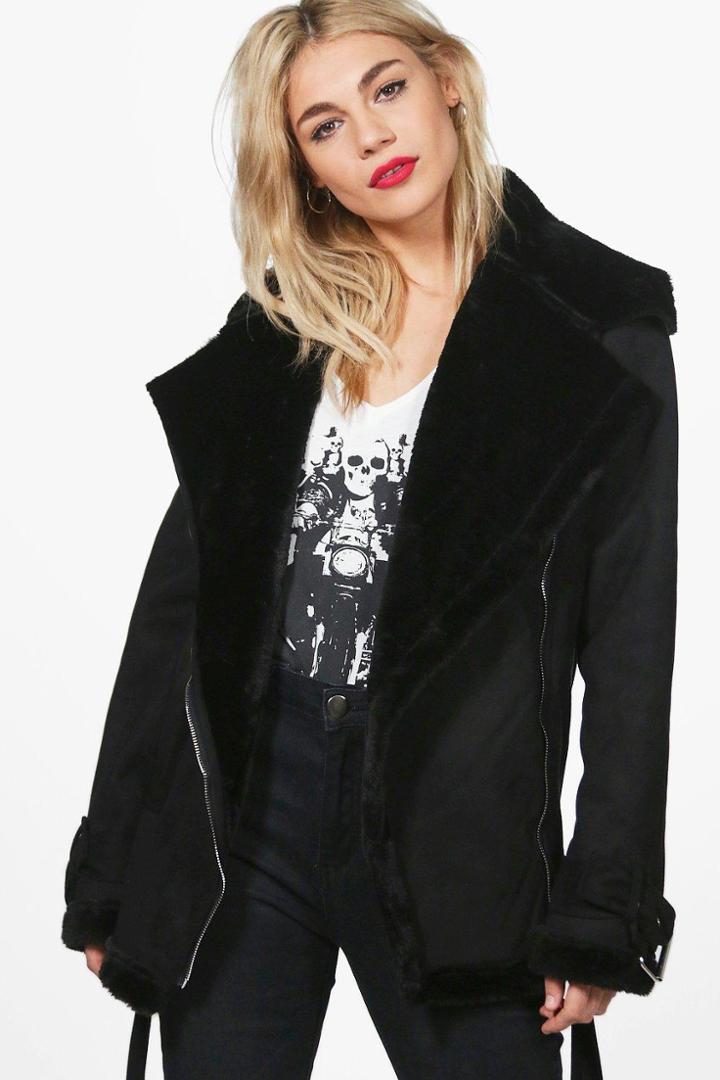 Boohoo Melanie Faux Fur Lined Bonded Aviator Jacket Black