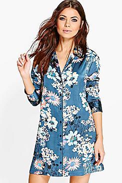 Boohoo Ella Satin Floral Print Contrast Piping Night Shirt