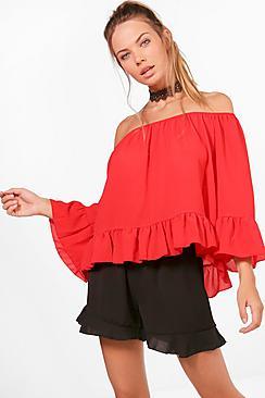 Boohoo Woven Off The Shoulder Frill Sleeve Top
