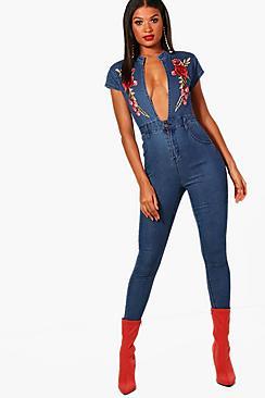 Boohoo Leonie Rose Embroidered Plunge Denim Jumpsuit