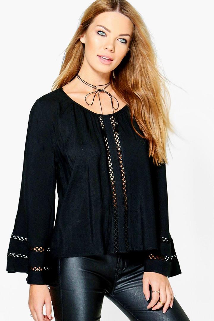 Boohoo Imogen Crochet Ladder Detail Blouse Black