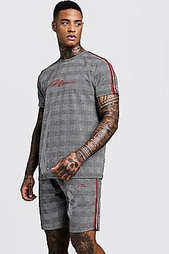 Boohoo Man Signature Check T-shirt & Short Set With Tape