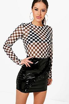 Boohoo Petite Shannon Race Check Mesh Crop Top