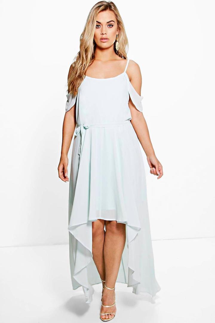 Boohoo Plus Liz Chiffon Frill Open Shoulder Dress Ice