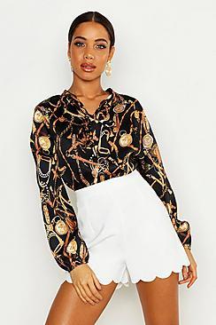 Boohoo Satin Chain Print Pussy Bow Blouse