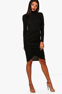 Boohoo High Neck Asymmetric Ruched Midi Dress
