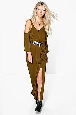Boohoo Amy Button Front Cold Shoulder Maxi Dress