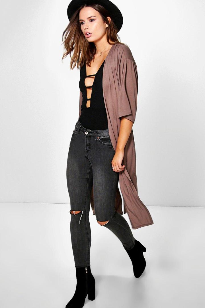 Boohoo Ava Side Split Ruched Back Duster Mocha