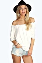 Boohoo Keira Shirred Off The Shoulder 1/2 Sleeve Top Cream