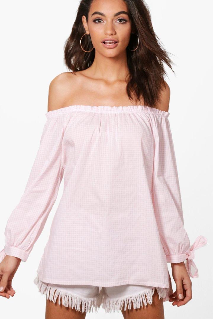 Boohoo Natalie Gingham Off The Shoulder Shirt Pink