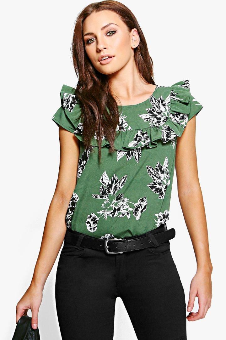 Boohoo Harriet Printed Ruffle Woven Top Khaki