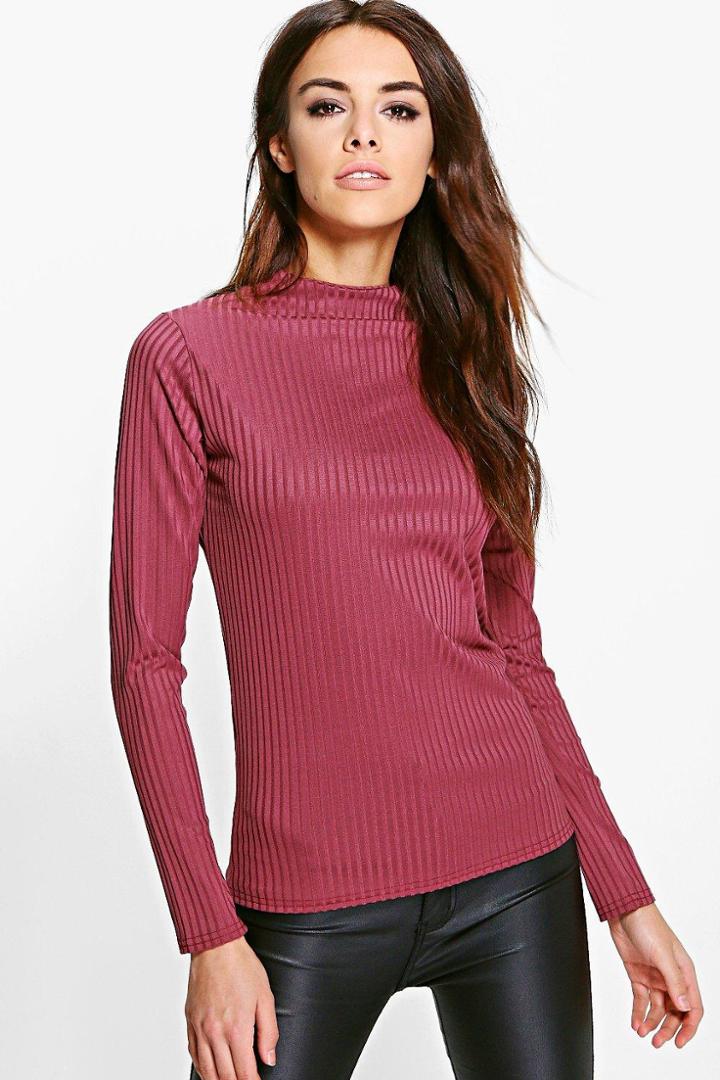 Boohoo Eleanor Rib High Neck Long Sleeve Top Berry