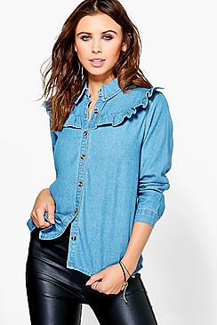 Boohoo Petite Ariana Ruffle Detail Denim Shirt