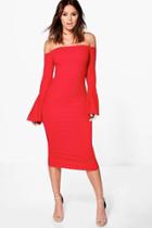 Boohoo Lana Off Shoulder Flared Sleeved Midi Dress Red