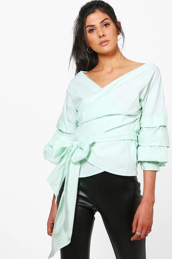 Boohoo Emily Ruffle Sleeve Woven Blouse Mint