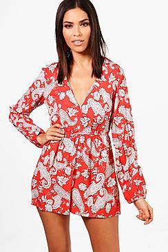 Boohoo Hope Plunge Paisley Playsuit
