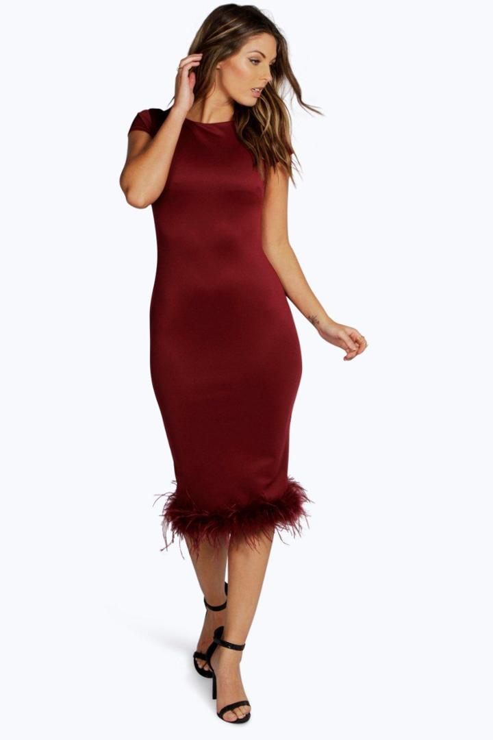 Boohoo Aalyia Feather Hem Midi Bodycon Dress Berry