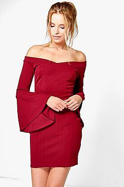 Boohoo Ayra Off Shoulder Flared Sleeve Bodycon Dress
