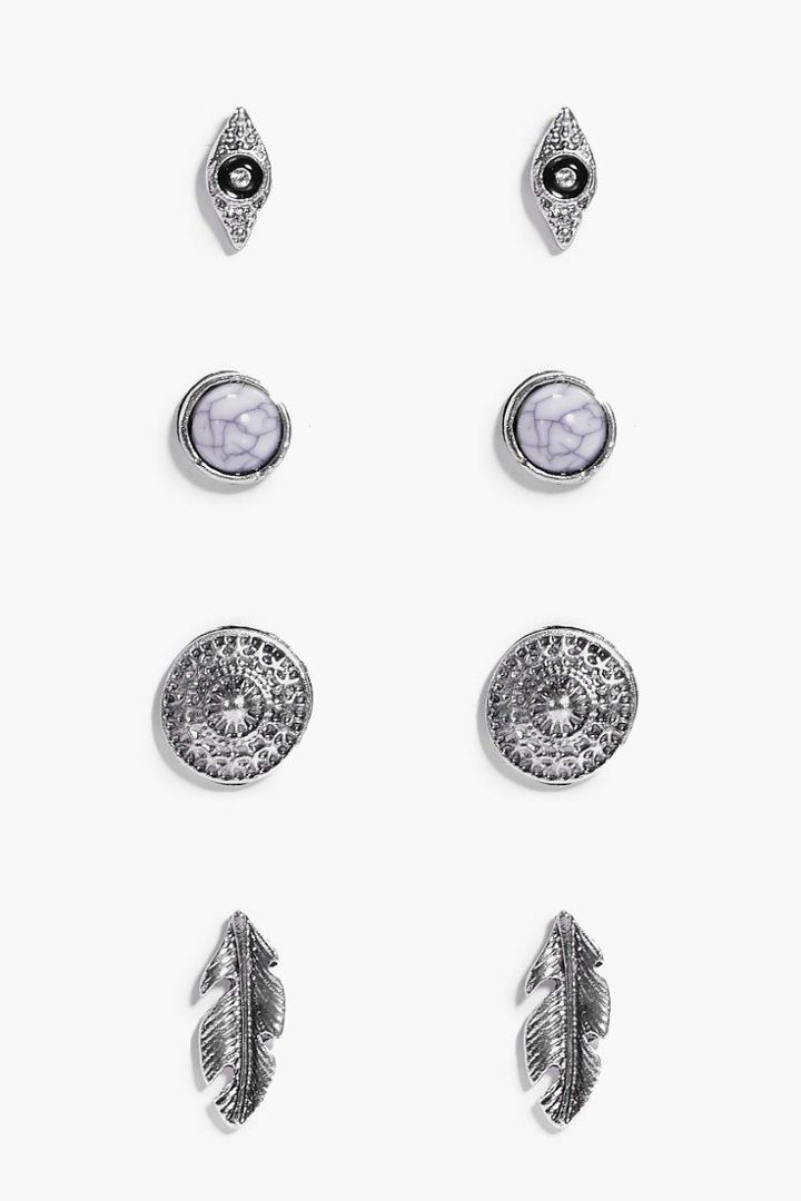 Boohoo Libby Evil Eye & Feather Stud 4 Earring Set Silver