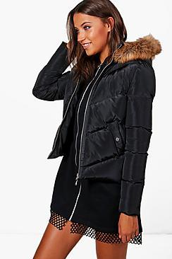 Boohoo Tall Sara Padded Jacket With Faux Fur Hood