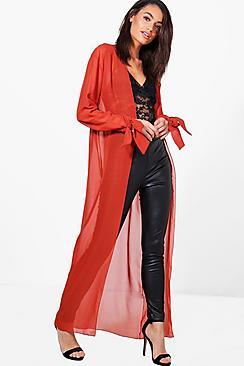 Boohoo Heather Tie Cuff Maxi Kimono