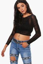 Boohoo Lily Allover Ruched Mesh Crop Top Black