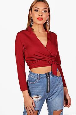 Boohoo Tie Front Crop Blouse