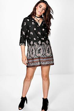 Boohoo Plus Silvia Border Print Shirt Dress