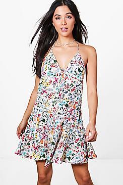 Boohoo Freyja Floral Strappy Ruffle Hem Swing Dress