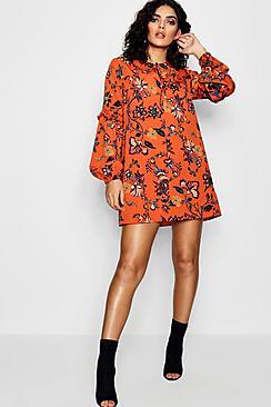 Boohoo Audrina Floral Ruffle Balloon Sleeve Smock Dress