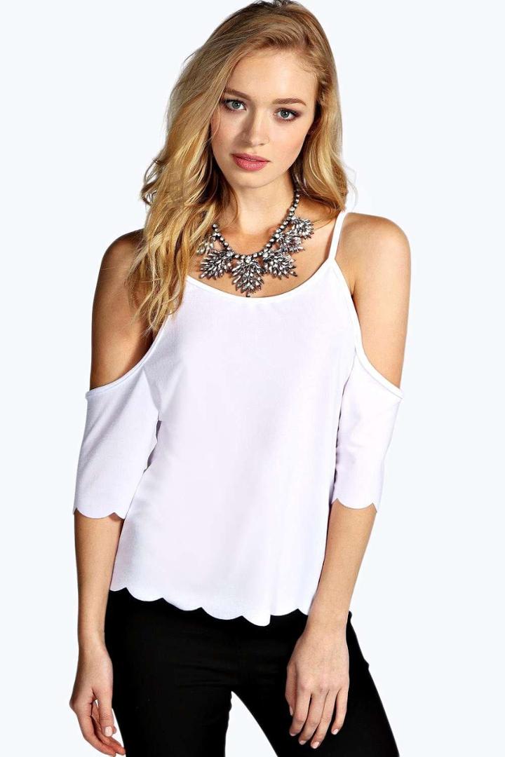Boohoo Kate Open Shoulder Scallop Edge Top White