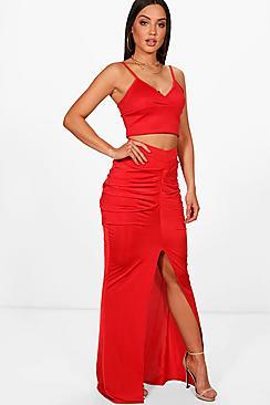 Boohoo Slinky Rouched Waist Midi Skirt