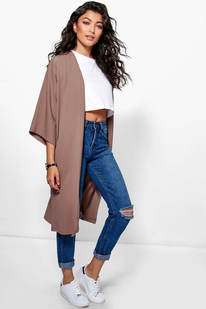 Boohoo Katie Kimono Sleeve Collarless Duster Mocha
