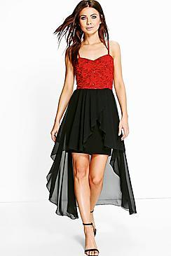 Boohoo Jay Lace Sequin Chiffon Dip Hem Skater Dress