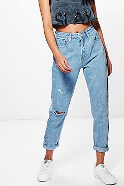 Boohoo Molly Light Wash Rip High Waist Mom Jeans
