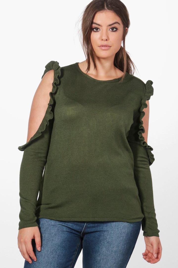 Boohoo Plus Maddie Ruffle Cold Shoulder Knit Jumper Khaki