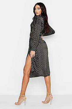Boohoo Satin Chain Wrap Midi Dress