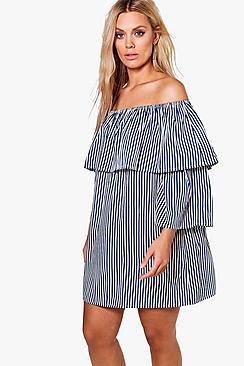 Boohoo Plus Abigail Blue Stripe Off The Shoulder Dress