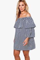 Boohoo Plus Abigail Blue Stripe Off The Shoulder Dress
