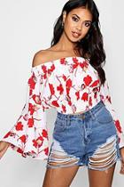 Boohoo Pia Shirring Bardot Crop Top With Flared Sleeves