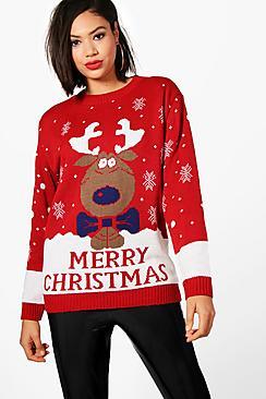 Boohoo Rachel Reindeer Merry Christmas Jumper