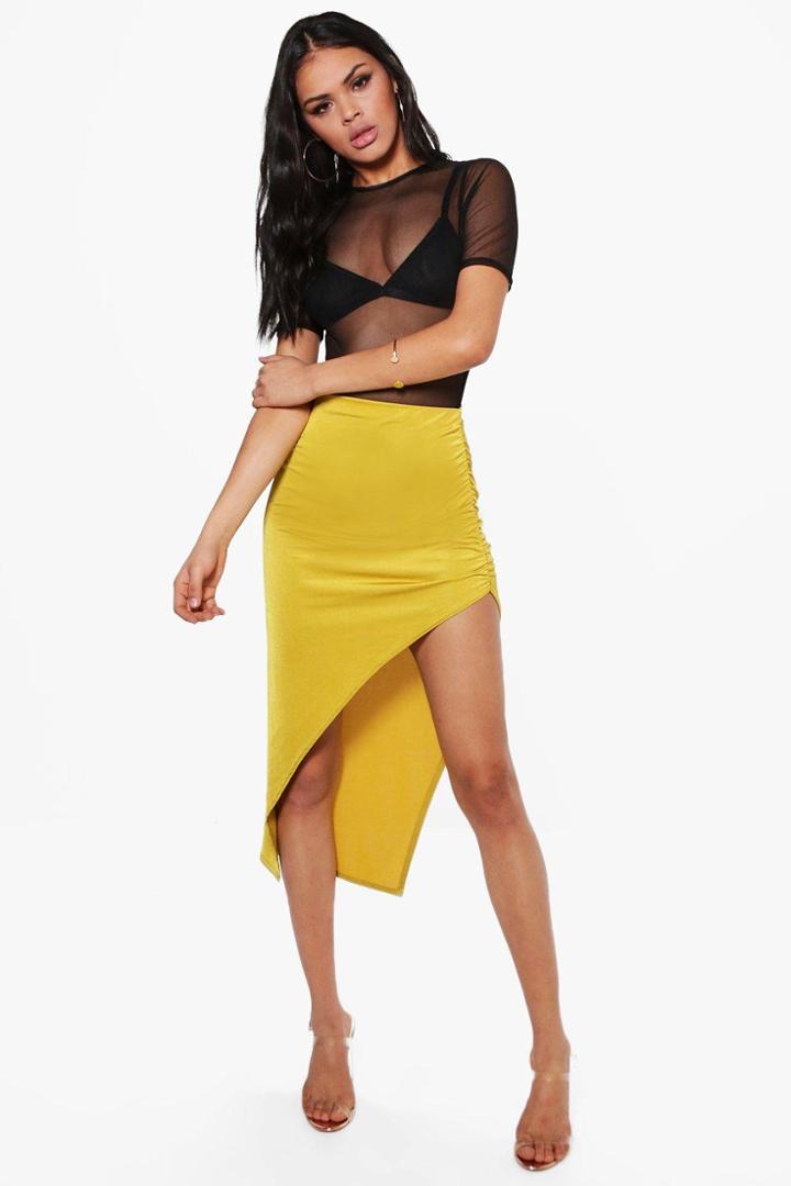 Boohoo Hudson Rouched Side Thigh Split Midi Skirt Chartreuse