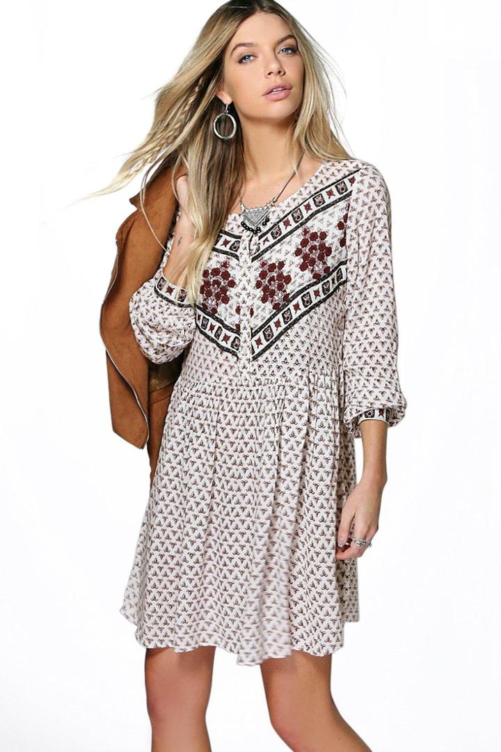 Boohoo Maria Mix Print Long Sleeve Skater Dress Multi